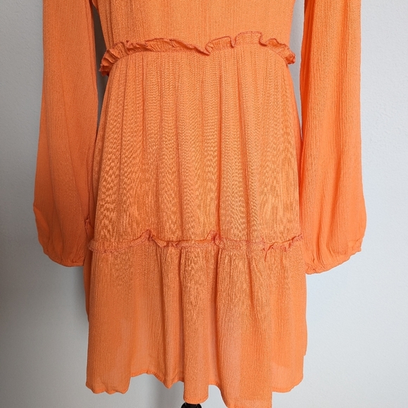 Orange long lantern sleeve ruffle hem frilled dress size M - Picture 5 of 8